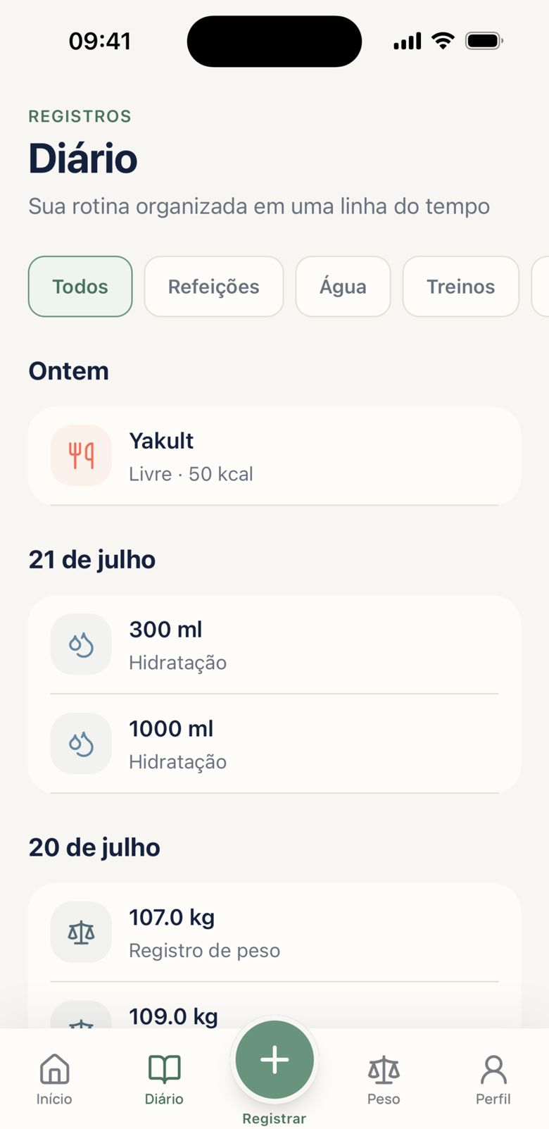 Diário do OpenVita com linha do tempo de registros