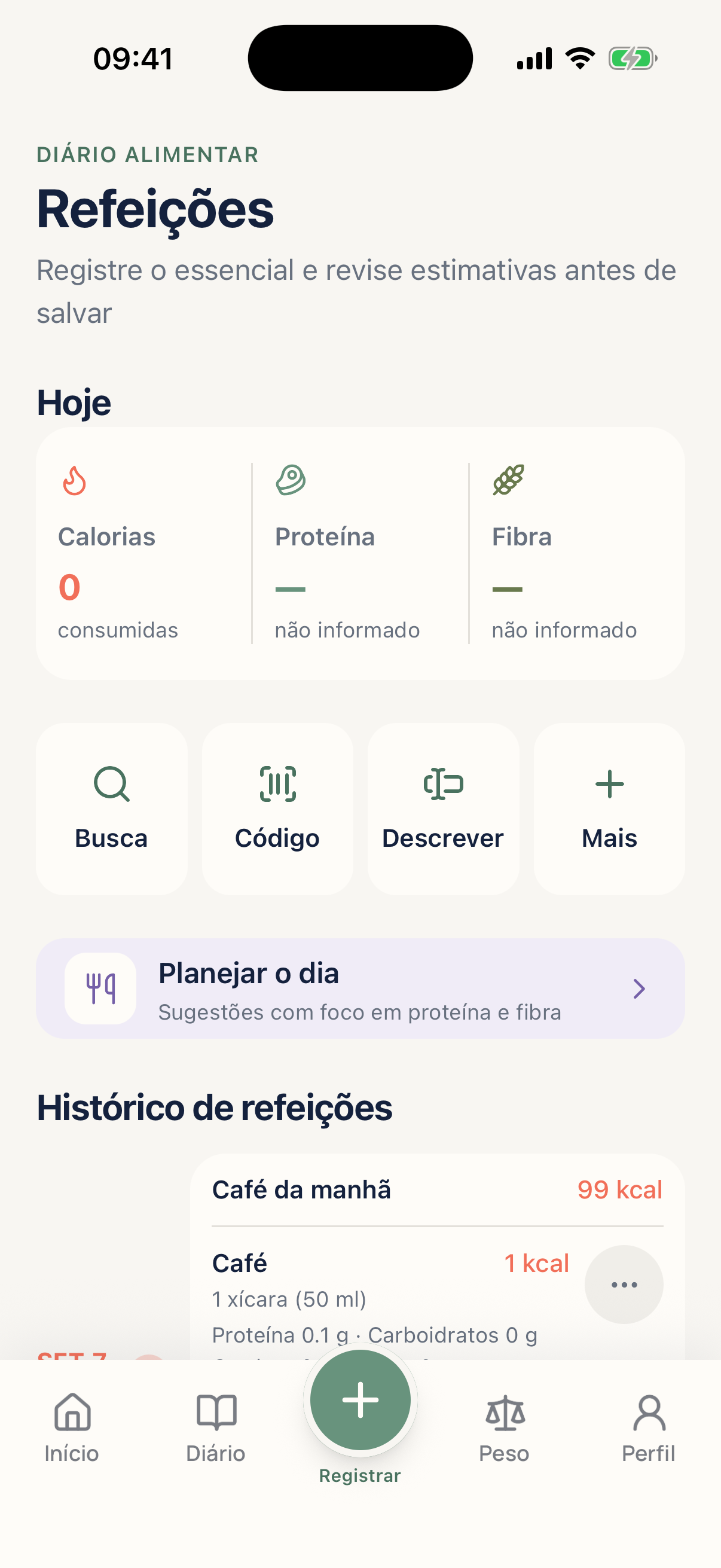 Tela de refeições com busca, código de barras, descrição e histórico
