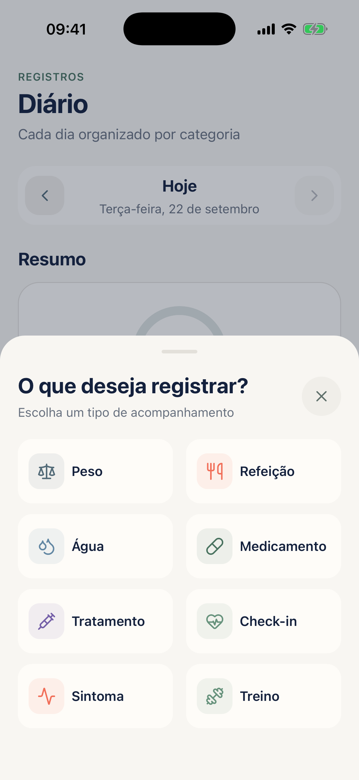 Menu de registro rápido com refeição, água, medicamento, check-in, sintoma e treino