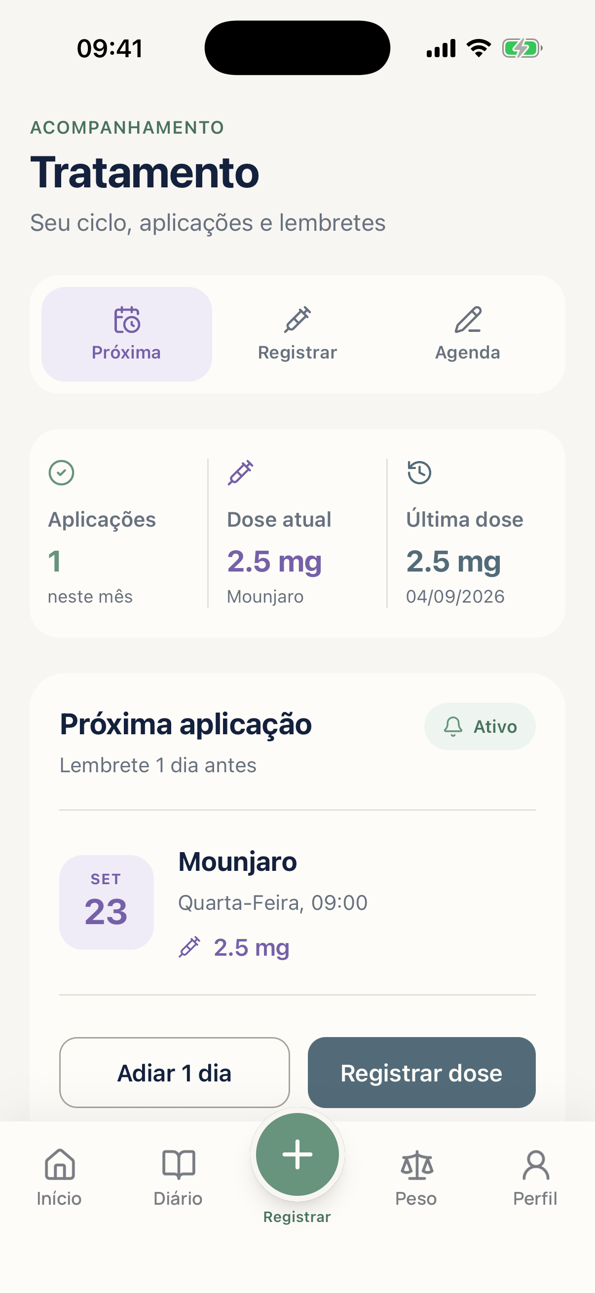 Tela atual de tratamento com dose, lembrete e próxima aplicação