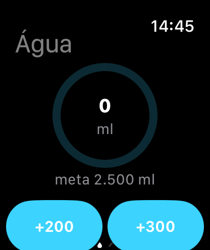 Apple Watch mostrando progresso de água e botões para adicionar 200 ou 300 ml
