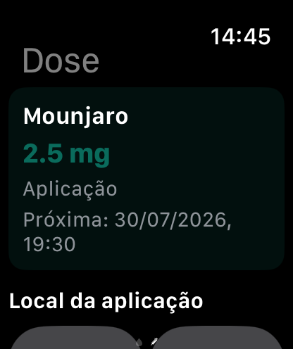 Apple Watch mostrando medicamento, próxima aplicação e seleção de local